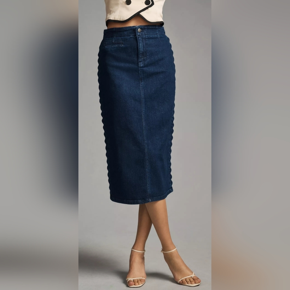 Maeve Indigo Scallop-Edge Denim Midi Skirt